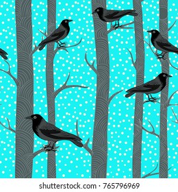 Winter trees with black crows. Vector illustration of  black birds sitting on the branches of the trees with snowflakes falling on light blue background. Seamless pattern.