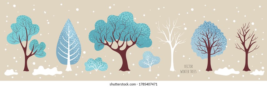 Winter  trees, bush. Set of plants. Cute elements for vector Christmas design, illustration for new year