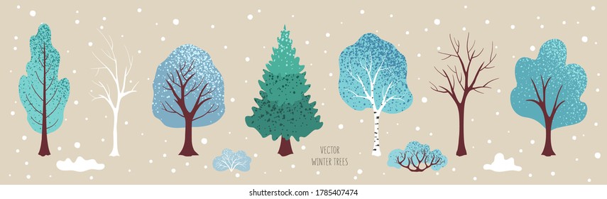 Winter  trees, bush. Set of plants. Cute elements for vector Christmas design, illustration for new year