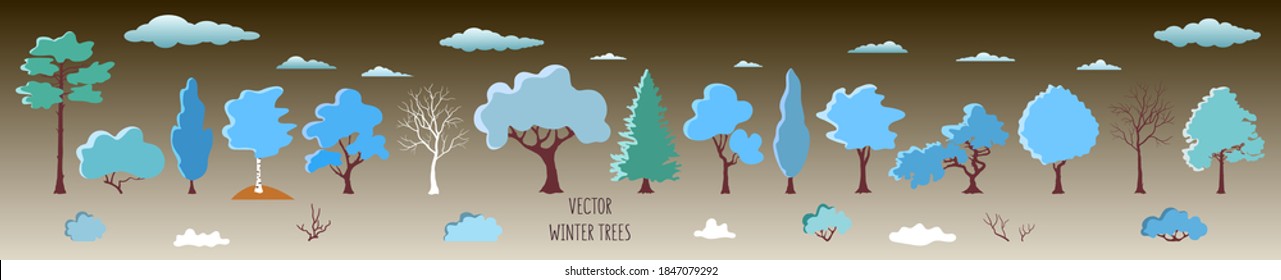 Winter trees, bushes, clouds. Set of bright plants. Vector elements for holiday modern design. Natural  landscape for seasonal background, banner, poster, Christmas greeting card. Snowy forest