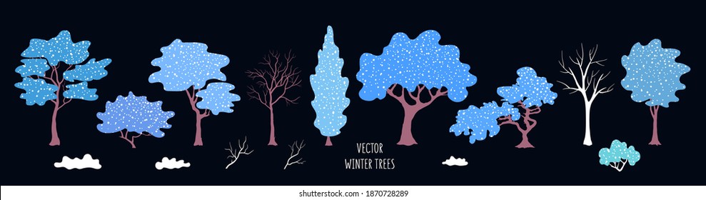 Árboles de invierno, arbustos. Conjunto de plantas texturadas de nieve para el fondo estacional, pancarta, afiche, tarjeta de felicitación navideña, papel tapiz. Elementos vectores para el diseño moderno de vacaciones. El paisaje natural. 