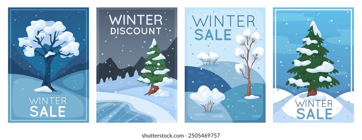 Winter trees cards. Forest landscapes. Seasonal sale. Snow covered branches. Deciduous and coniferous frozen plants. Wild nature scenery. Discount promotion banners