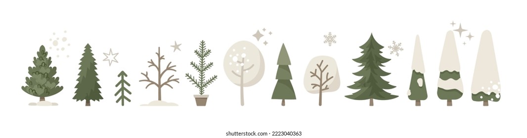 Winter trees collection. Isolated illustration of different Christmas trees, fir trees, stars, snowflakes, snow. vector elements of nature