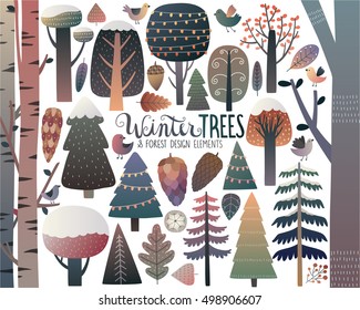 Winter Trees and Forest Design Elements Vector