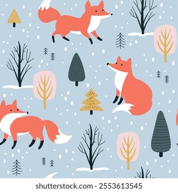 Winter trees and foxes seamless pattern on blue background. Decorative forest vector illustration. Texture with animals for textiles, wallpaper or print design in vector.