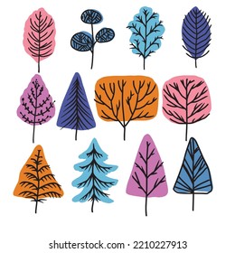 winter trees icons colored flat classic handdrawn sketch