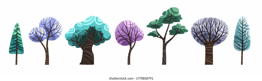 Winter trees isolated on white vector. Old and young, big and small, deciduous and coniferous trees set stock flat illustration, clip art for childrens book.