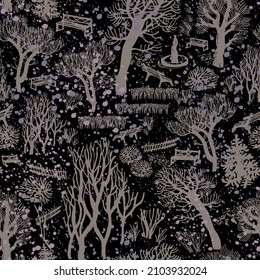 Winter trees park scenery with benches seamless pattern on black. Calm black and brown seamless pattern. Modern doodle illustration perfect for baby design, fabric, wallpaper, Christmas packaging.