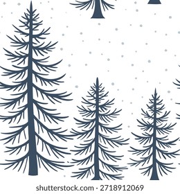 Árvores de inverno padrão sem costura com pinheiros foscos e queda de neve leve para um conceito de design sazonal fresco sutil como padrão de árvores de inverno legal com pinheiros foscos e queda de neve leve perfeito para uma atmosfera de inverno calma no Conceito de Stock Fotográfico e espaço vazio no lado esquerdo, sem texto —ar 7:2 —azulejo