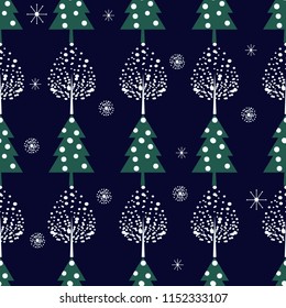 Winter trees seamless pattern on dark blue background. Vector design with xmas trees, snowflakes, berries for winter holidays. Print for textile, wallpaper, wrapping paper, fabric.