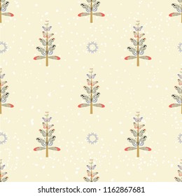  Winter trees seamless pattern on beige background from butterfly. Vector design with xmas trees, snowflakes, berries for winter holidays. Print for textile, wallpaper, wrapping paper