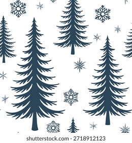 Árvores de inverno padrão sem costura com pinheiros altos e neve leve para um conceito sereno da cena da floresta de inverno como padrão sereno das árvores de inverno com pinheiros e neve leve ideal para um design tranquilo da floresta de inverno no Photo Stock Concept e espaço vazio no lado esquerdo, sem texto —ar 7:2 —azulejo
