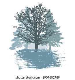 Winter trees and smear brush, logo, badge. Silhouette of beautiful oak and spruce trees and bush. Vector illustration.
