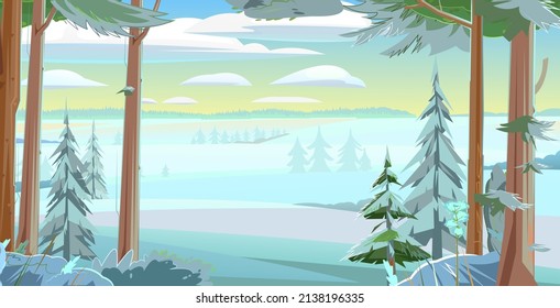 Winter Trees. Snow Frosty Landscape. Beautiful Forest Panorama. Pine Trunks. Illustration In Cartoon Style Flat Design. Vector.