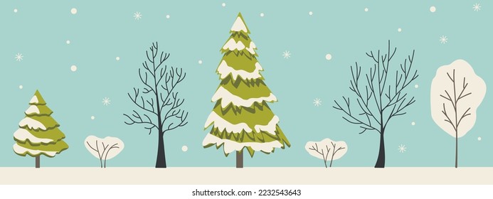 Winter trees in snow, no leaves in flat vector illustration isolated on color background. Set of different trees and bushes for christmas. Trees covered with snow caps, bare trees, snowflakes
