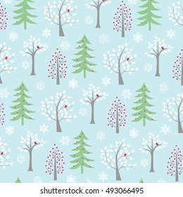 winter trees and snowflakes on blue