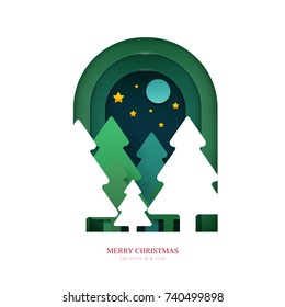  Winter trees and stars in paper cut trendy craft cartoon style. Christmas, new year modern design for advertising, branding background greeting card, cover, poster, banner. Vector illustration.