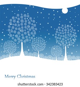 Winter trees under the moon on Christmas postcard background. Vector illustration.