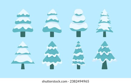 winter trees, vector isolated illustration of trees, leaves, fir trees, shrubs, sun, snow and clouds, winter elements of nature to create a landscape