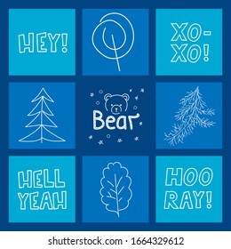 Winter trees vector objects, white color elements on Pantone Blue background, fun, cute lettering, outline hand drawing 