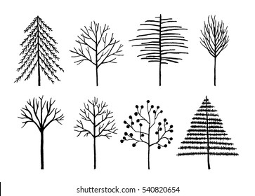 Winter trees vector set.