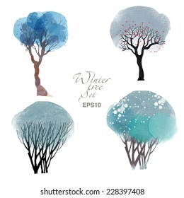 Winter trees. Watercolor vector set of trees
