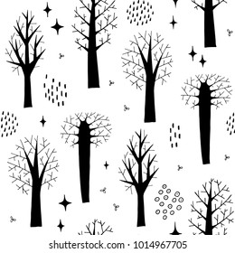 Winter trees without leaves seamless pattern. Bare trees in spring park or forest. Hand drawn vector black and white illustration. Cartoon doodle. Background, wallpaper.
