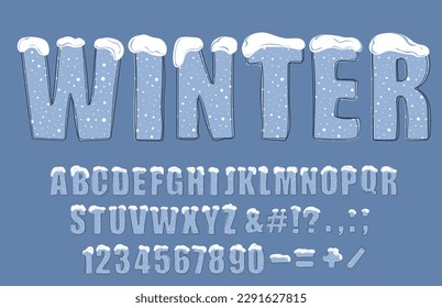 Winter trendy alphabet. Hand drawn doodle latin alphabet letters,  numbers and punctuation marks with snow. For poster, banner, T shirt design. Vector illustration