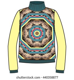 Winter tribal jumper for knit handmade american navajo, sweatshirt style boho. Women and men sweater, unisex pullover. Drawing - snowflakes jacquard mandala geometry pattern. Christmas, New Year. 