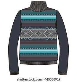 Winter tribal jumper for knit handmade american navajo, sweatshirt style boho. Women and men sweater, unisex pullover. Drawing - snowflakes jacquard nordic geometry pattern. Christmas, New Year. 