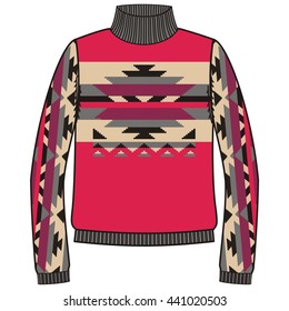 Winter tribal jumper for knit handmade american navajo, sweatshirt style boho. Women and men sweater, unisex pullover. Drawing - snowflakes jacquard nordic geometry pattern. Christmas, New Year. 