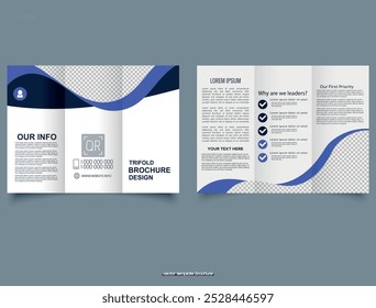 Winter. Trifold brochure with blue design elements. This stylish trifold brochure template showcases a sleek design enhanced by elegant blue wave accents