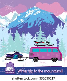 Winter trips to the mountains. Trailer with the snowmobile and sled on the background of a mountain landscape. Outdoor landscape Winter mountains. Trailer in winter. Riding the snowmobile.