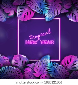 Winter tropic neon banner, Christmas beach monstera palm leaves design, xmas tropical background,
paradise party poster vector illustration, vibrant purple template with text place