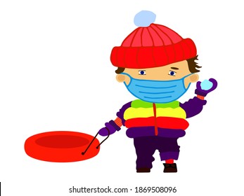 Winter tube and children. Funny happy boy in medical mask throwing a snowball. Flat illustration isolated on white.