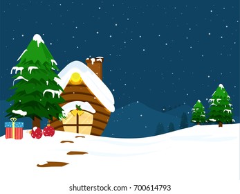 Winter Twinkling Stars Night, Snowfall Background, Hut, Xmas Trees, and Christmas Ornaments. 