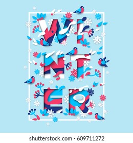 Winter Typography Design With Abstract Papercut Shapes, Leaves And Birds. Vector Illustration. Snowflakes And Thin Square Frame On Blue Background