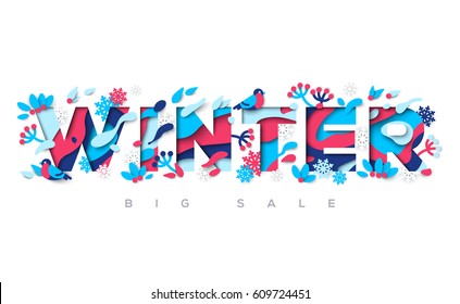 Winter Typography Design With Abstract Papercut Shapes, Leaves And Branches. Vector Illustration. Snowflakes And Berries.