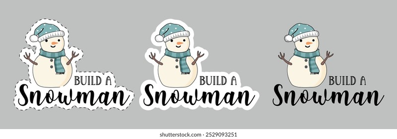 Diseño de sublimación de tipografía de invierno: construye un Clipart de Ilustración vectorial de etiquetas adhesivas para muñecos de nieve