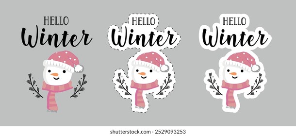 Diseño de sublimación de tipografía de invierno - Clipart de Ilustración vectorial de etiquetas adhesivas para muñecos de nieve de hello