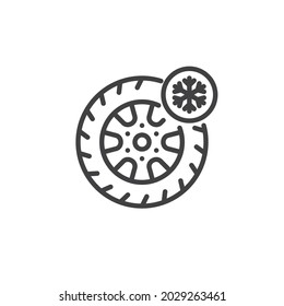 Winter tyre line icon. linear style sign for mobile concept and web design. Car tyre and snowflake outline vector icon. Symbol, logo illustration. Vector graphics