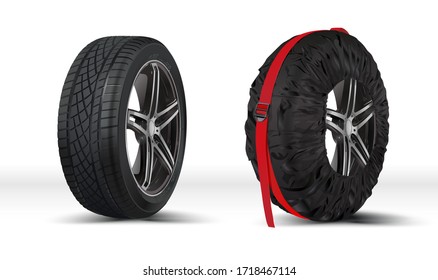 Winter tyres and snow socks. Storage of seasonal or spare wheels at home. Wheel Bag. Wheel tote. Carrying bags. Wheel storage protection. Spare car tyre black cover. Automobile tyre package.