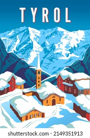 Winter Tyrol Landscape With A Village Under The Snow In The Foreground And Mountains In The Background. Handmade Drawing Vector Illustration. Retro Style Poster.