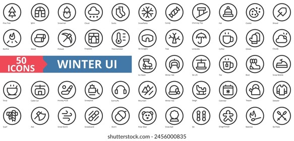 Winter UI icon collection set. Containing pine tree, igloo, snowman, cloud, socks, snowflakes, candy icon. Simple line vector