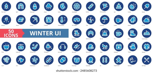 Winter UI icon collection set. Containing pine tree, igloo, snowman, cloud, socks, snowflakes, candy icon. Simple flat vector