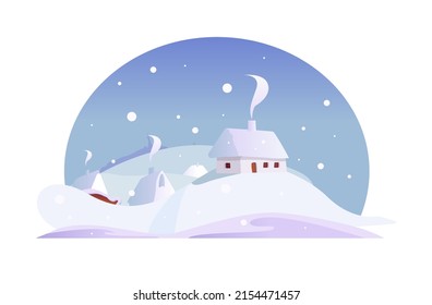 Winter Ukrainian village. Christmas Eve. Ukrainian traditional house. Landscape. Vector cute Illustration in cartoon style.