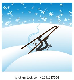 Winter unsuccessful skiing. Funny vector illustration