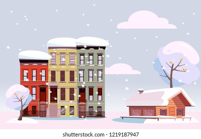 Winter Urban and Countryside Landscape. Citiscape versus suburb. Urban landscape with three-story houses and suburb with private house. Flat Vector illustration. Cloudy snowy day