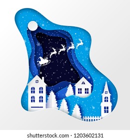 Winter urban countryside landscape, snowy village with cute paper houses, pine trees and Santa with deers flying in the sky. Merry Christmas and New Year paper art background