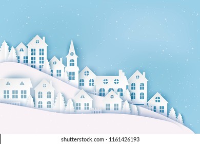 Winter urban countryside landscape, village with cute paper houses, pine trees and snow. Merry Christmas and New Year paper art background